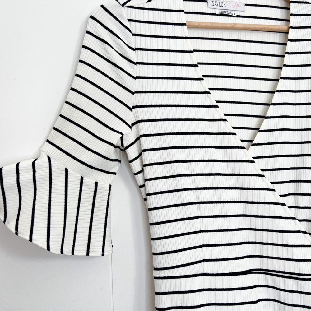 Saylor + Free People Chaser Mini Dress Wrap Ribbed Stripe Ruffle - Picture 2 of 8
